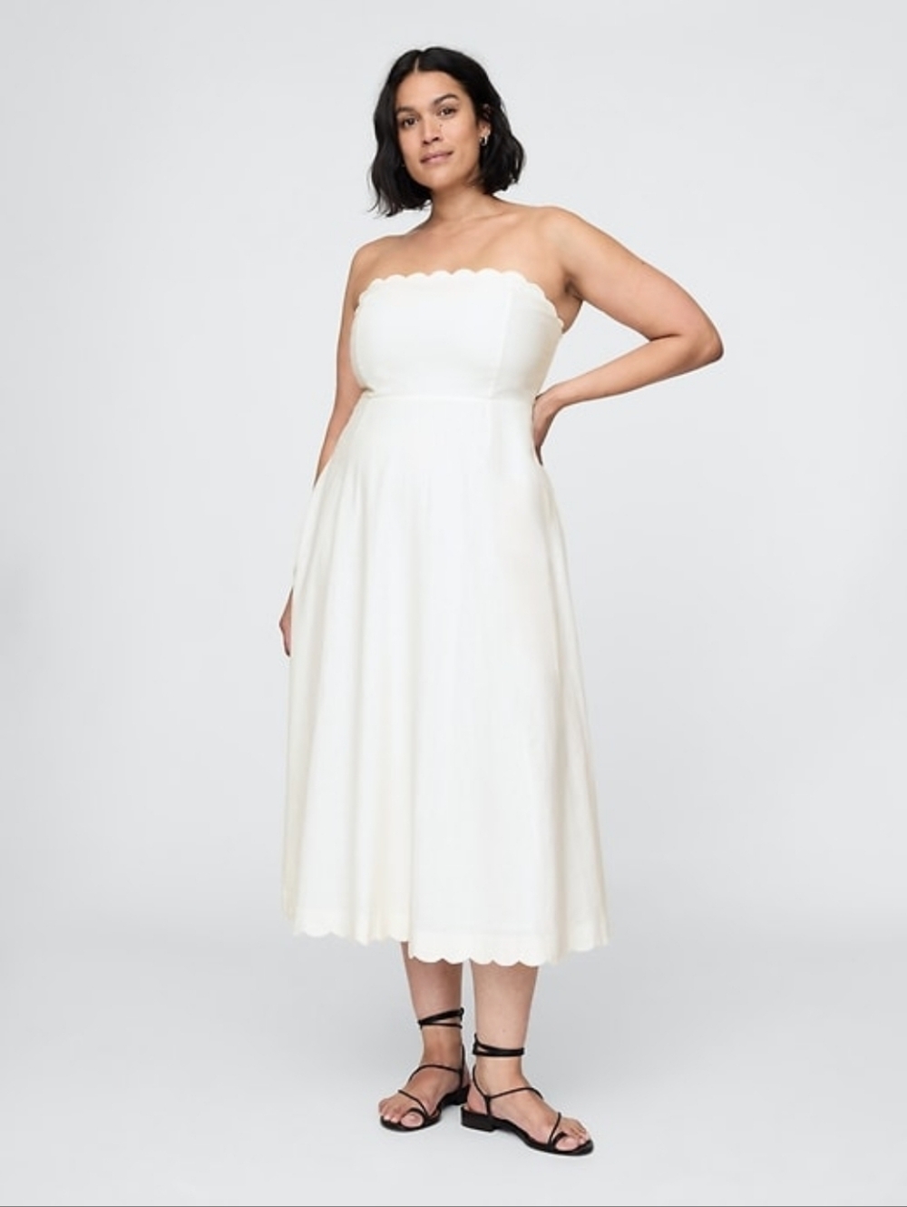 GAP - Linen Blend Scalloped Trim "New Off White" Fully Lined Midi Dress -Size XL